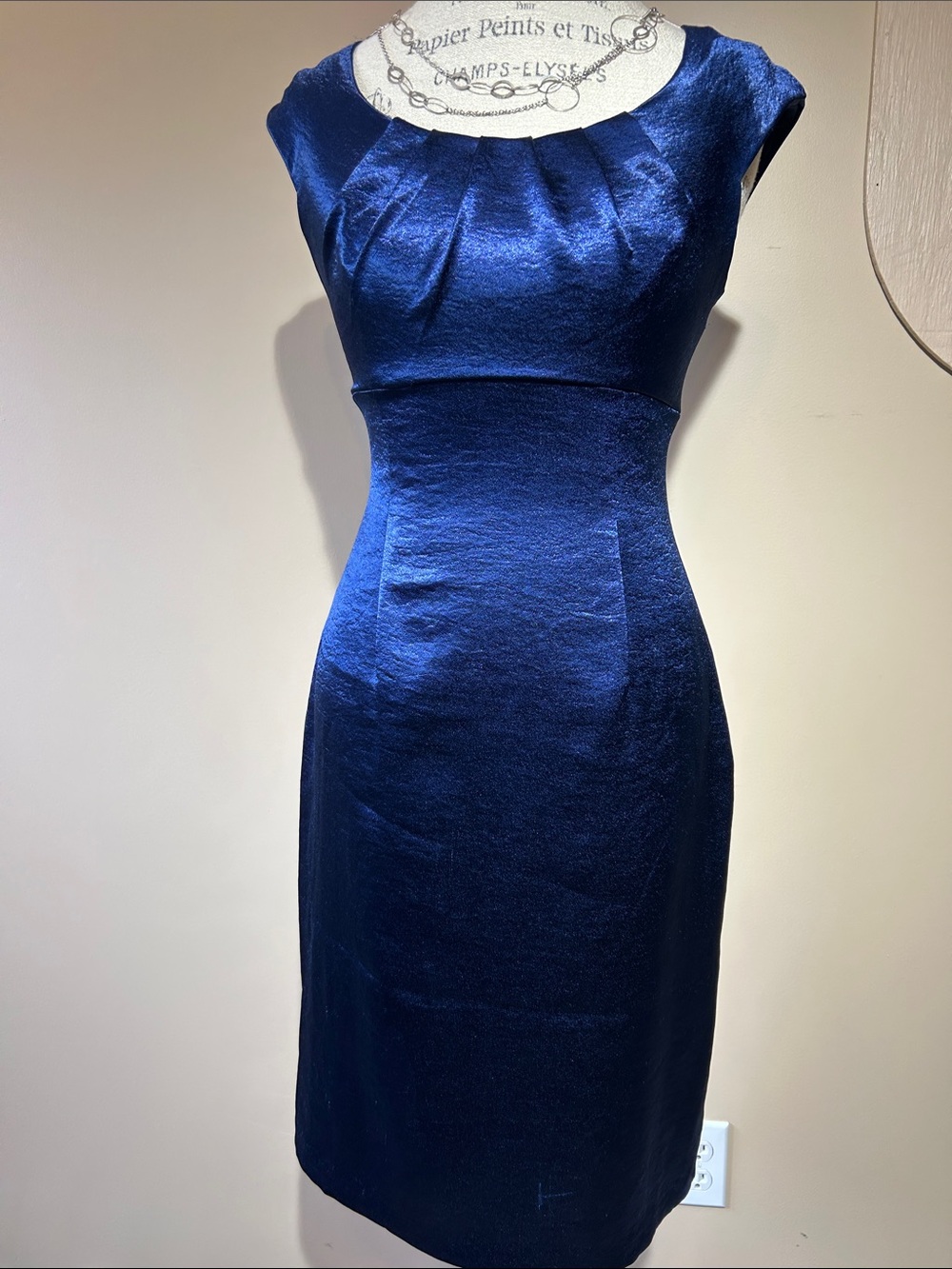Navy Satin Dress, Classic Cap Sleeve, size 6